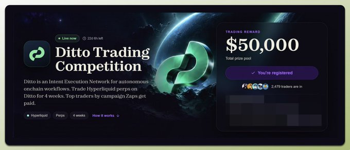 A banner for the 'Ditto Trading Competition' on Hyperliquid, featuring a $50,000 total prize pool, noting it is 'Live now' with 22d 6h left, and showing the user is registered among 2,479 traders.