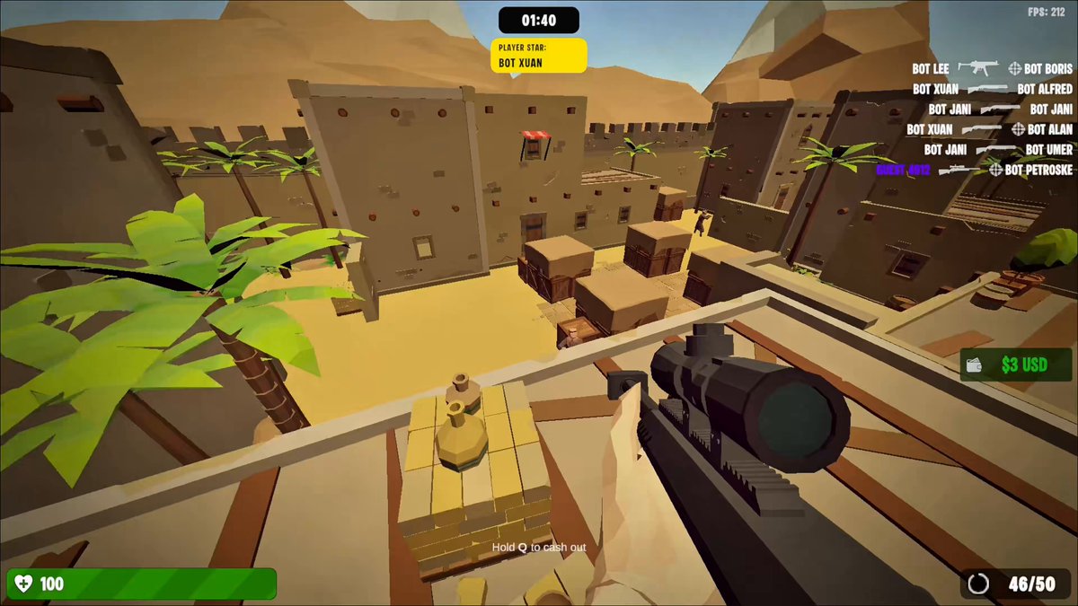 The image shows a screenshot of an open game window with various elements such as a gun, buildings, and a mountain backdrop. There are multiple enemies visible within the scene, and a chatbot message can be seen in the bottom right corner of the screen. The caption accompanying the screenshot reads "chain game edition! You know what, if killing one enemy can make money ...". This suggests that the player's actions could potentially lead to financial gains through this game.