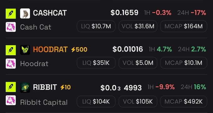 A cryptocurrency market dashboard displaying tokens CASHCAT ($0.1659), HOODRAT ($0.01016), and RIBBIT ($0.034993) with their respective 1-hour and 24-hour percentage changes.