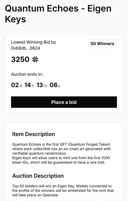 An auction page for 'Quantum Echoes - Eigen Keys' showing 50 winners, a lowest winning bid of 3250, with 2 days 14 hours 13 minutes remaining, and a 'Place a bid' button.