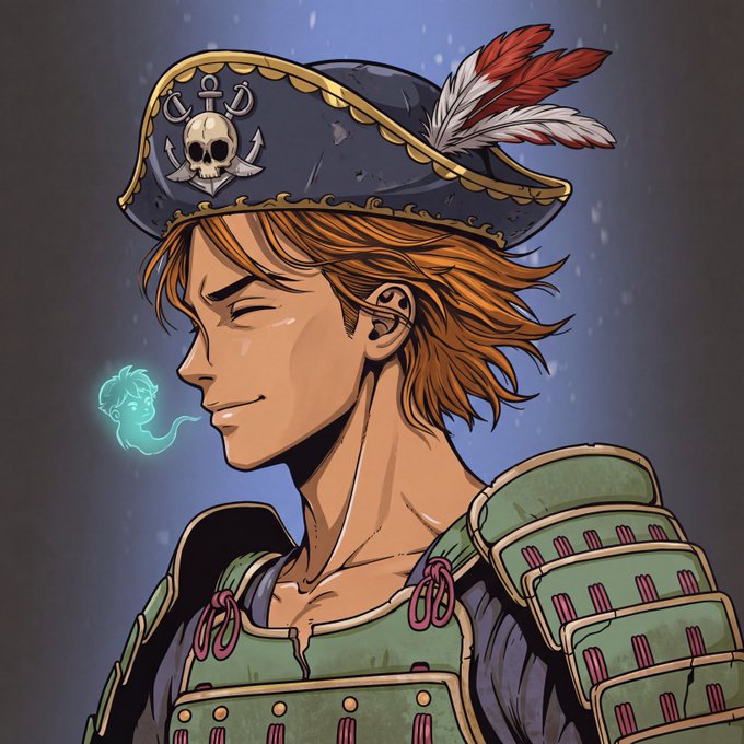 A stylized pirate with ginger hair, a skull-adorned tricorn hat, and green samurai-style armor winks playfully while exhaling a small glowing spirit. The image complements the post's "GM Legends" message by depicting a roguish, adventurous character fitting the "things heating up on new chain" theme of fresh excitement.