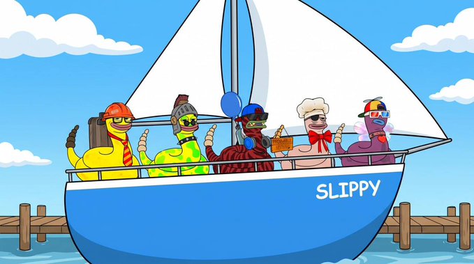 A cartoon illustration of five stylized duck characters dressed as SpongeBob characters (Sandy, SpongeBob, Squidward, Mr. Krabs, Patrick) on a sailboat named 'SLIPPY'.