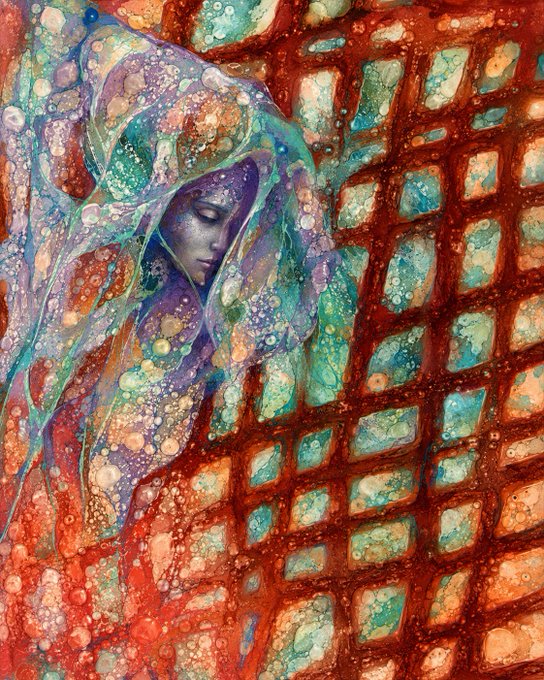 A digital artwork featuring a hooded, ethereal figure rendered in iridescent purples, teals, and oranges, set against a textured grid-like background that resembles rusted metal or weathered tiles. The contemplative, dreamlike imagery aligns with the post's message of gentle thoughts and quiet creative courage, while the piece's organic textures and otherworldly aesthetic evoke the introspective spirit of an NFT art share.