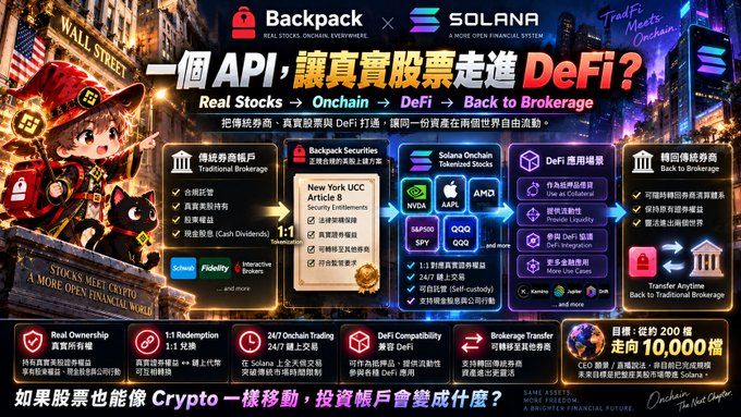 A promotional graphic for Backpack x Solana featuring an anime-style witch character and a black cat, advertising a financial platform that brings real stocks to DeFi. Text includes '一個API，讓真實股票走進DeFi?', 'Real Stocks → Onchain → DeFi → Back to Brokerage', along with stock tickers NVDA, AAPL, AMD, SPY, QQQ, and a Solana Tokens list including 'New York UCC Article 8 Security Entitlements'.