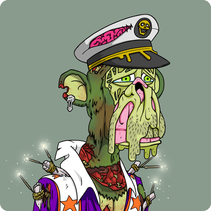 A grotesque cartoon illustration of a zombie-like character wearing an exposed-brain captain's hat, with green decayed skin, a mustache, and bones piercing through his colorful striped shirt.