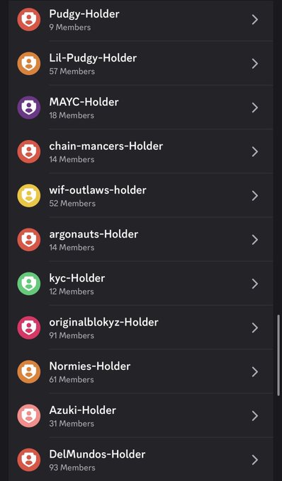 A screenshot of a Discord roles menu listing multiple NFT holder communities—including Pudgy-Holder (9 Members), Lil-Pudgy-Holder (57), MAYC-Holder (18), chain-mancers-Holder (14), wif-outlaws-holder (52), argonauts-Holder (14), kyc-Holder (12), originalblokyz-Holder (91), Normies-Holder (61), Azuki-Holder (31), and DelMundos-Holder (93)—illustrating the collections the post's author supports by assigning dedicated Discord roles to holders.