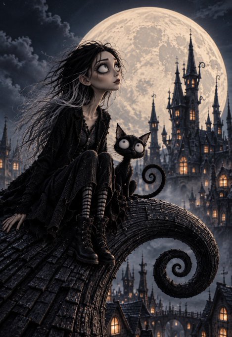 A gothic Tim Burton-style illustration depicting a pale, large-eyed girl with long hair and a small black cat sitting on a curled rooftop, with a gothic castle and full moon in the background.