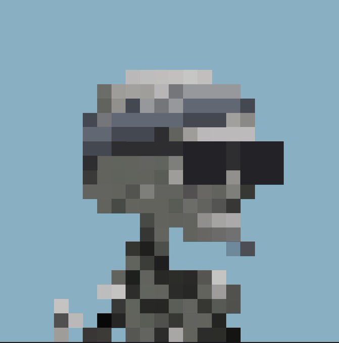 A heavily pixelated 8-bit style character profile wearing a gray helmet against a light blue background.