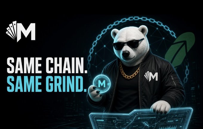 A promotional graphic featuring a white bear mascot wearing sunglasses, a black jacket, and a gold chain, holding an 'M' coin, with the text 'SAME CHAIN. SAME GRIND.' and an 'M' logo.