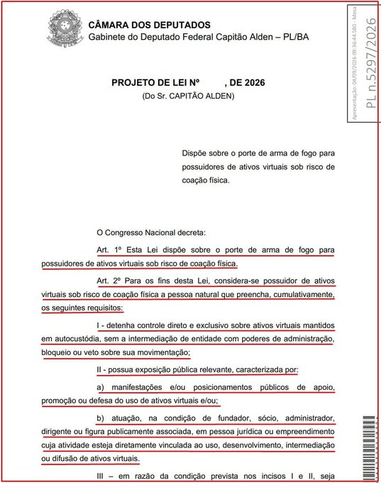 Official Brazilian legislative document from 'CÂMARA DOS DEPUTADOS' (Chamber of Deputies), 'Gabinete do Deputado Federal Capitão Alden – PL/BA', showing 'PROJETO DE LEI Nº , DE 2026' regarding gun possession rights for virtual asset holders at physical coercion risk.