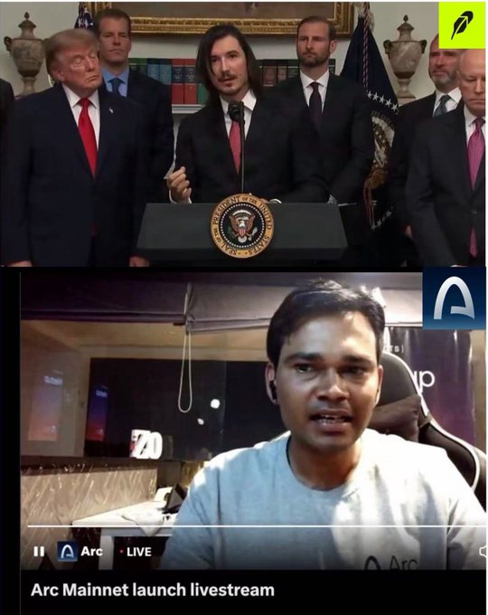 A split-screen livestream from the Arc Mainnet launch contrasts a White House podium where Robinhood executives stand with President Trump (CNBC-branded clip) against a solo streamer in a t-shirt sitting in a gaming chair (Arc-branded frame), visually reinforcing the post's comparison between polished Wall Street/Washington legitimacy and grassroots crypto commentary.