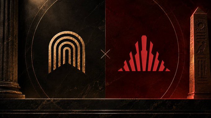 A dark, stylized graphic shows two team logos separated by an 'x': a gold arched design on the left and a red sun-burst/mountain emblem on the right, flanked by stone pillars.