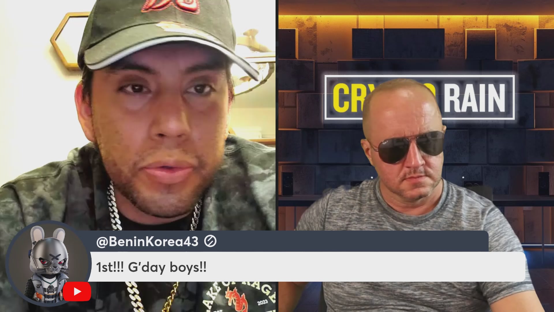 The image shows a man wearing sunglasses, sitting at a table with another person who appears to be talking to him via webcam. The man has a hat on his head and is wearing a green shirt. They are engaged in a conversation about something related to video games or gaming. There is also text visible in the image that reads "OMI is my Homie #105! VeVe and $OMI roundtable discussion!".