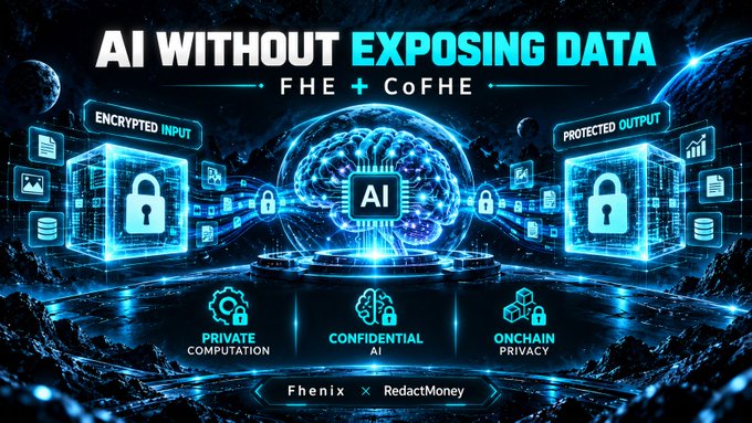 Promotional graphic titled 'AI WITHOUT EXPOSING DATA' highlighting FHE + CoFHE technology, showing encrypted input flowing through an AI brain to protected output, with benefits including Private Computation, Confidential AI, and Onchain Privacy from a Fhenix × RedactMoney collaboration.