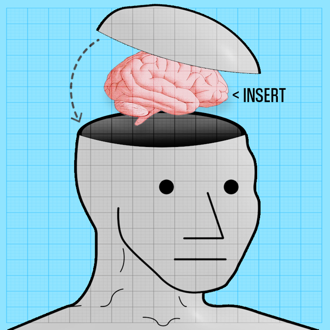 A cartoon illustration shows a gray humanoid figure with its head open, revealing a pink brain inside, accompanied by a curved arrow pointing down and the text "< INSERT" indicating where thoughts or ideas should be placed.