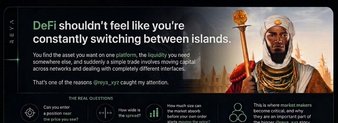 A promotional graphic for 'REYA' DeFi platform featuring text 'DeFi shouldn't feel like you're constantly switching between islands' alongside an illustrated regal African figure holding a scepter.