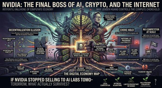 A dark, dramatic infographic titled "NVIDIA: THE FINAL BOSS OF AI, CRYPTO, AND THE INTERNET" depicts Jensen Huang as a central figure whose hands hold a glowing chip, with illustrated labels surrounding him highlighting themes like "DECENTRALIZATION ILLUSION," "HARDWARE CHOKEPOINT," "CHOKE HOLD," and "NO COMPETITOR AT SCALE." The bottom banner poses the question, "IF NVIDIA STOPPED SELLING TO AI LABS TOMORROW, WHAT ACTUALLY SURVIVES?" visually reinforcing the post's argument that Nvidia's GPU monopoly underpins every layer of the AI, crypto, and internet stack.