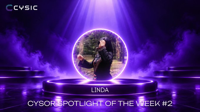 CYSIC 'CYSOR SPOTLIGHT OF THE WEEK #2' featuring a user named 'LINDA' shown in a glowing purple portal against a smoky neon stage backdrop.