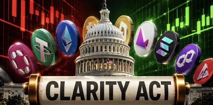 A graphic featuring various cryptocurrency coins (Polkadot, Tether, Ethereum, Bitcoin, etc.) in front of the US Capitol building with the text "CLARITY ACT" displayed prominently.