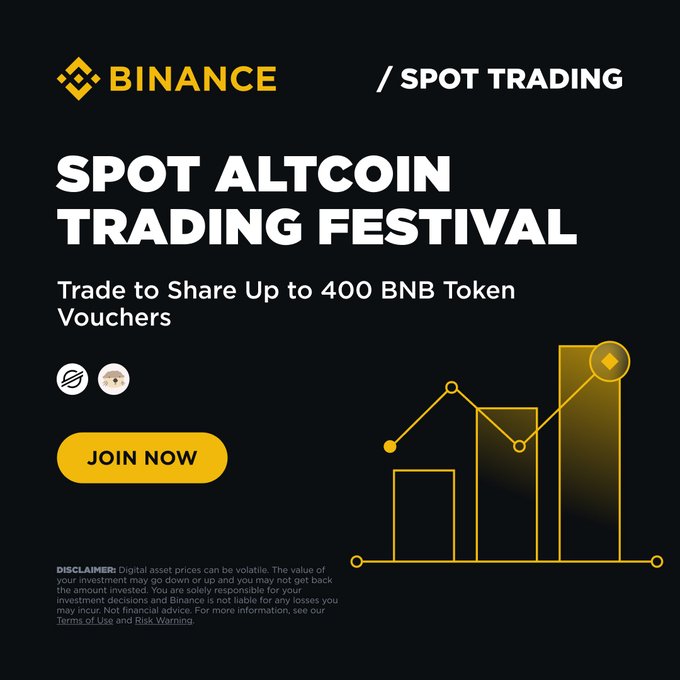The image features an advertisement for the Spot Altcoin Trading Festival. The poster shows a graph with lines representing different altcoins on the x-axis, while the y-axis displays the amount of altcoins available for trade. The text on the poster states that trade is up for grabs, indicating that anyone can participate in the event and potentially trade one of the altcoins represented on the graph. Furthermore, the festival offers sprint rewards to those who trade, emphasizing the value of participating in this event.