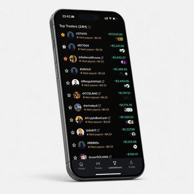 A smartphone displays Moby's "Top Traders (24H)" leaderboard, showing ranked users like #371470 (+$17,040.99) and @GallerydiXrame (+$3,592.57) with their earnings and "Next payout: +$4.33" indicators. The dark-themed interface visually reinforces the post's message that Robinhood Chain trades are now being rewarded in real time on the Moby platform.