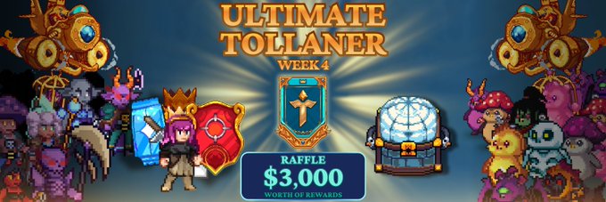 A colorful promotional banner for 'ULTIMATE TOLLANER WEEK 4' featuring cartoon characters, a treasure chest, and a raffle prize of $3,000 worth of rewards.