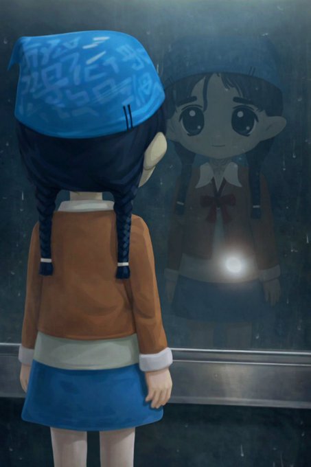 A claymation-style figure of a girl with braided pigtails and a blue headband stares at her reflection in a rainy window.