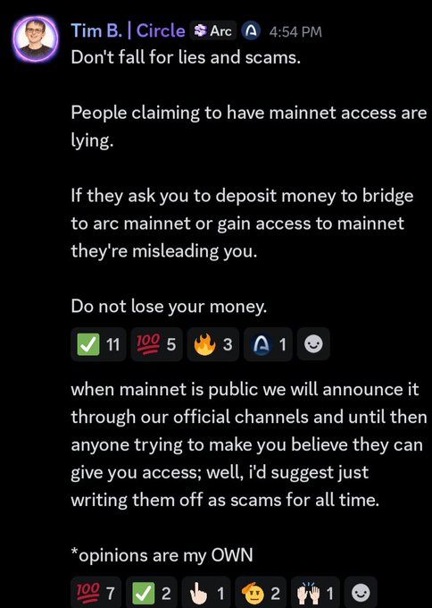 A chat message from 'Tim B.' on a platform with Arc, warning users 'Don't fall for lies and scams' regarding fake mainnet access and advising against depositing money.
