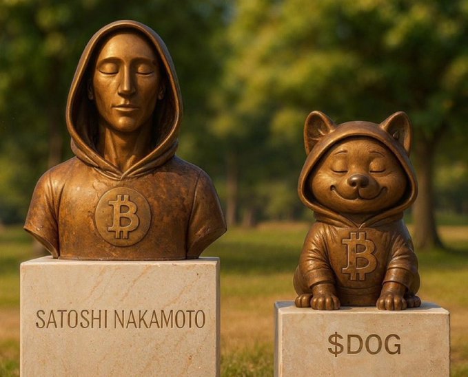 Two bronze statues on marble pedestals in a park setting: one labeled 'SATOSHI NAKAMOTO' depicting a hooded figure, and another labeled '$DOG' depicting a smiling Shiba Inu dog, both wearing Bitcoin symbol medallions.