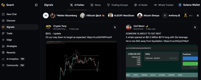 A Quant trading dashboard displays X/Twitter signals with two posts: Crypto Tony's "$SOL - Update" about targeting an expected move, and Carl Moon's warning that "SOMEONE IS ABOUT GET REKT" on a $81.2 Million ETH long with 25x leverage, showing a $43 liquidation distance on Bybit.

The image illustrates the post's point about consolidating social signals and market context in one feed, with Tony's Solana setup displayed alongside Carl Moon's high-leverage ETH whale position, showing how the platform pairs trading signals with the broader market context (like impending liquidations) that traders typically have to piece together across multiple platforms.