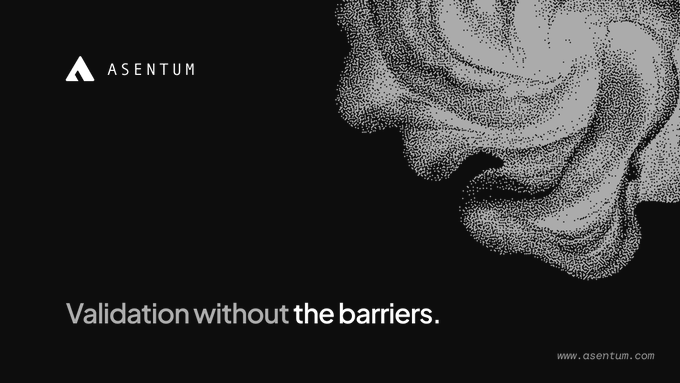 A dark advertisement for Asentum featuring a pointillist-style flowing abstract figure on the right, with the text 'Validation without the barriers.' and the website www.asentum.com.