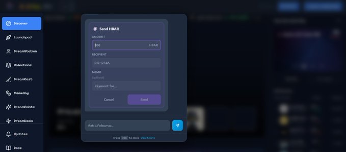 The image shows a "Send HBAR" modal from DreamBay, displaying a streamlined crypto transaction interface with an amount field set to 100 HBAR, a recipient address (0.0.12345), and an optional memo. It visually reinforces the post's message about DreamBay's clean, user-friendly UX by demonstrating how sending HBAR can be done in just a few clicks.