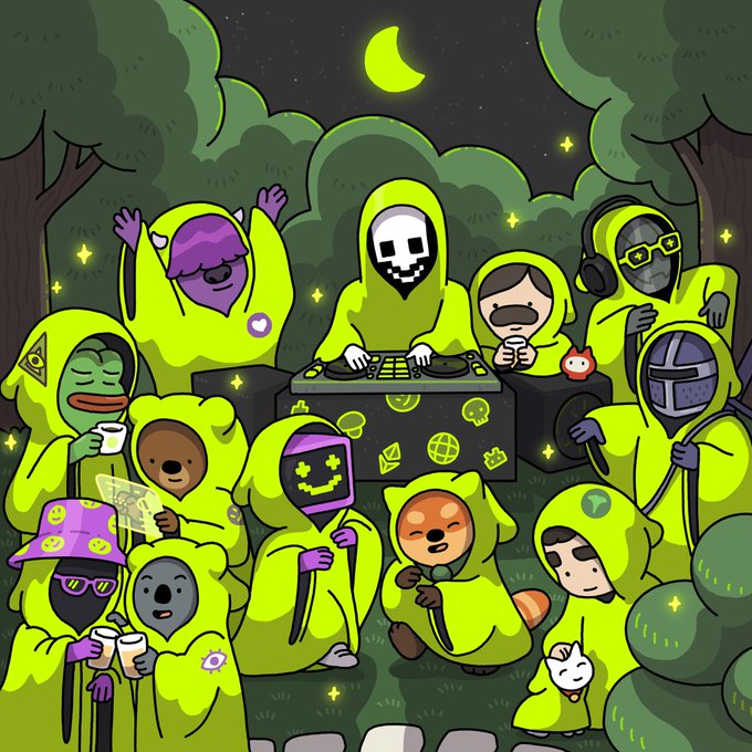A cartoon illustration of various characters in green hoodies gathered in a forest at night with a crescent moon, featuring a DJ booth and characters resembling figures from crypto and internet culture.
