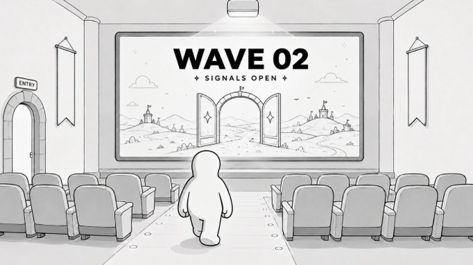 A black and white line-art illustration showing a small humanoid figure walking toward a large screen displaying 'WAVE 02 + SIGNALS OPEN +' in a cinema-like room with rows of seats.