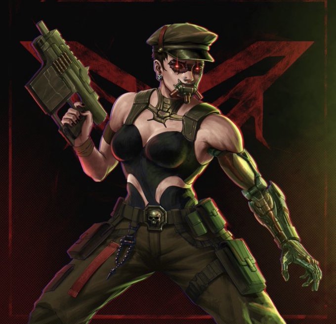 Stylized digital artwork of a female cyborg soldier with a red glowing visor, cybernetic arm, and military cap, holding a futuristic rifle against a dark background with red graffiti-style markings.