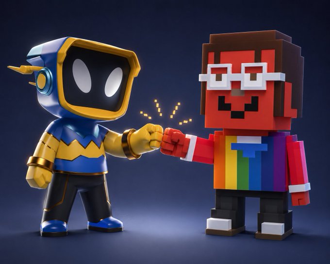 A 3D rendering of two voxel-style characters, one in blue and gold armor and another in a rainbow shirt with red square glasses, fist-bumping each other.