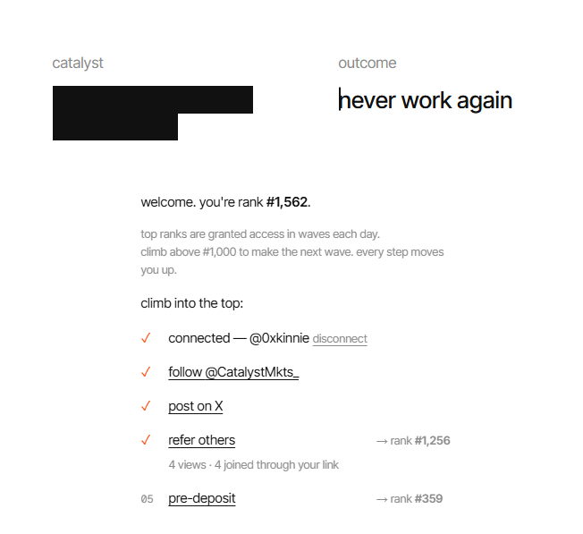 A screenshot showing a ranking page with text 'catalyst' and 'outcome: hever work again,' indicating rank #1,562 with checklist items to climb higher including connecting wallets and following @CatalystMkts_.