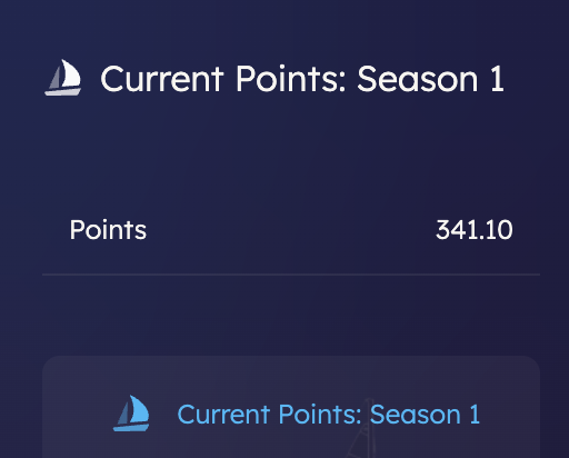 A screenshot showing a SUI wallet tracking page displaying "Current Points: Season 1" with a total of 341.10 points accumulated, reflecting the post's boast of earnings from following @CurrentSUI since launch and teasing the upcoming Season 2.
