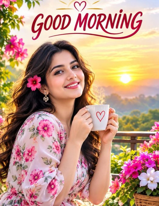 A cheerful woman in a floral dress holds a white mug with a red heart, surrounded by pink flowers with "GOOD MORNING" written at the top.