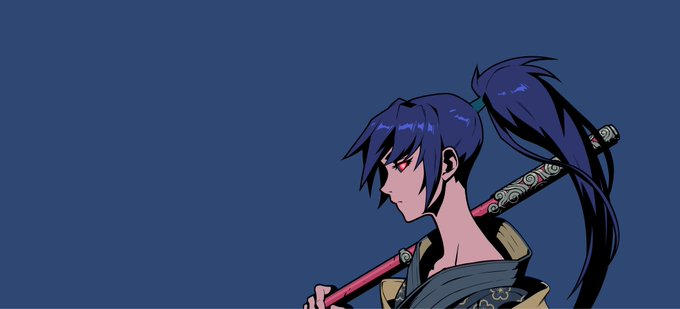 An anime-style illustration shows a character with dark blue hair tied in a ponytail, red eyes, and a dark outfit, holding a staff or weapon against a solid blue background.