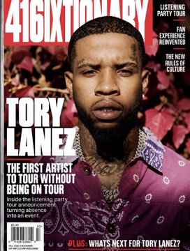 The magazine cover features Tory Lanez on the cover of "416IXTIONARY," with text highlighting "THE FIRST ARTIST TO TOUR WITHOUT BEING ON TOUR" and "EXPERIENCE REINVENTED," which ties into the post's skepticism about how Lanez could tour while imprisoned.