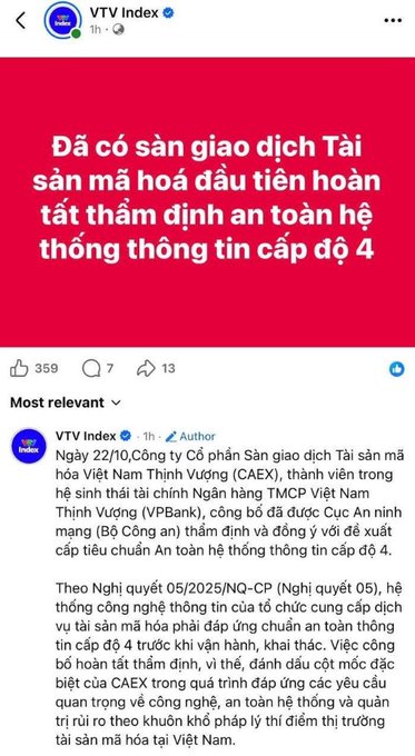 A verified VTV Index Facebook post states: “Đã có sàn giao dịch Tài sản mã hóa đầu tiên hoàn tất thẩm định an toàn hệ thống tin cấp độ 4.”