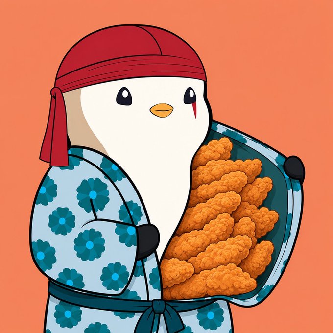 A cartoon chicken wearing a red bandana and blue floral robe holds a large platter piled high with fried chicken tenders.