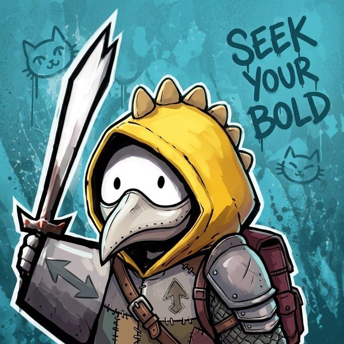 Stylized artwork of a character wearing a yellow spiked plague doctor-style hood and armor, holding a large sword, with graffiti-style text 'SEEK YOUR BOLD' and a cat doodle on a teal background.