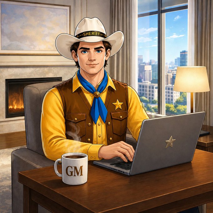 A cartoon sheriff wearing a "SHERIFF" hat works on a laptop alongside a coffee mug labeled "GM," evoking a "Good Morning" greeting to start the week. The image playfully ties into the post's cheerful message, with the "GM" mug and ready-to-work sheriff symbolizing fresh energy and new opportunities for the week ahead.