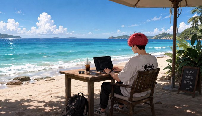 An anime-style illustration of a person with red hair working on a laptop at a wooden table on a tropical beach, with turquoise ocean waters and islands in the background. A sign reads 'WORK TRAVEL REPEAT'.
