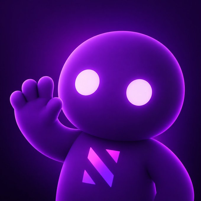 A 3D rendered purple character with glowing white eyes and a logo on its chest waves at the viewer against a dark purple background.