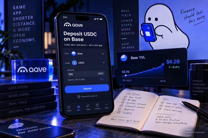 A promotional image for the Aave app showing a smartphone with 'Deposit USDC on Base' interface, alongside a notebook with handwritten notes and 'Base TVL $6.2B' displayed.