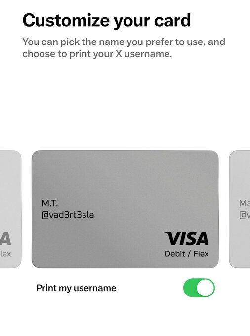 A 'Customize your card' screen showing a Visa Debit/Flex card preview with the name 'M.T.' and username '@vad3rt3sla', with the 'Print my username' toggle enabled.