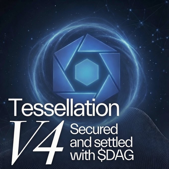 Promotional graphic for Tessellation V4 with text 'Secured and settled with $DAG', featuring a blue hexagonal logo on a dark cosmic background.
